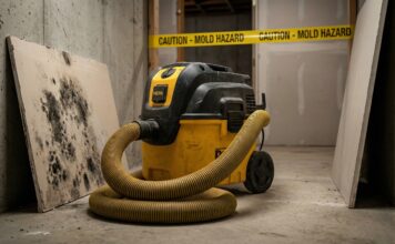 Best HEPA Vacuum for Mold (2026): Stop Making This Toxic Mistake A heavy-duty commercial HEPA vacuum cleaner with a thick hose sitting on a concrete basement floor next to a piece of moldy drywall.