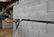 Horizontal Foundation Crack Repair: Costs & DIY Fixes A homeowner repairing a horizontal foundation crack in a basement wall using a carbon fiber strap and structural epoxy.