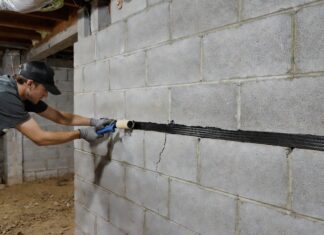 Horizontal Foundation Crack Repair: Costs & DIY Fixes A homeowner repairing a horizontal foundation crack in a basement wall using a carbon fiber strap and structural epoxy.