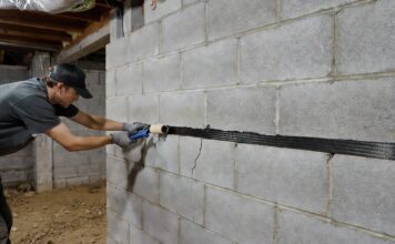 Horizontal Foundation Crack Repair: Costs & DIY Fixes A homeowner repairing a horizontal foundation crack in a basement wall using a carbon fiber strap and structural epoxy.