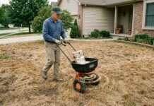 Lawn Grub Killer Guide (2026): When & How to Kill Grubs in Lawn A homeowner applying lawn grub killer granules with a broadcast spreader on a brown, damaged lawn