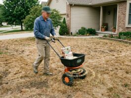 Lawn Grub Killer Guide (2026): When & How to Kill Grubs in Lawn A homeowner applying lawn grub killer granules with a broadcast spreader on a brown, damaged lawn