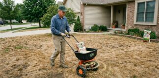Lawn Grub Killer Guide (2026): When & How to Kill Grubs in Lawn A homeowner applying lawn grub killer granules with a broadcast spreader on a brown, damaged lawn