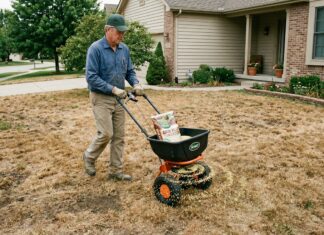 Lawn Grub Killer Guide (2026): When & How to Kill Grubs in Lawn A homeowner applying lawn grub killer granules with a broadcast spreader on a brown, damaged lawn