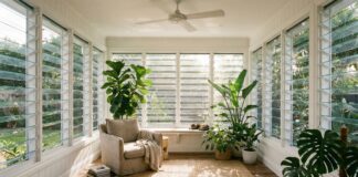 Louvered Windows (2026): Maximize Natural Airflow Modern glass louvered windows open in a bright, breezy sunroom.