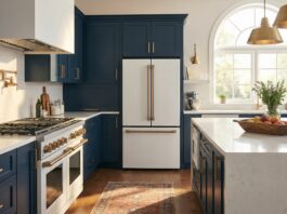 Matte White Appliances with Gold Handles: 2026 Design Guide A luxurious modern kitchen featuring stylish matte white appliances with brushed gold handles, paired with elegant navy blue cabinets and a white quartz countertop.