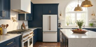 Matte White Appliances with Gold Handles: 2026 Design Guide A luxurious modern kitchen featuring stylish matte white appliances with brushed gold handles, paired with elegant navy blue cabinets and a white quartz countertop.