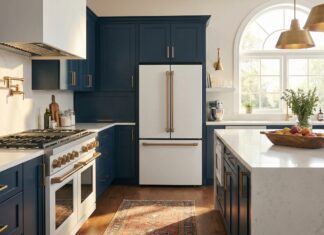 Matte White Appliances with Gold Handles: 2026 Design Guide A luxurious modern kitchen featuring stylish matte white appliances with brushed gold handles, paired with elegant navy blue cabinets and a white quartz countertop.