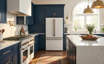Matte White Appliances with Gold Handles: 2026 Design Guide A luxurious modern kitchen featuring stylish matte white appliances with brushed gold handles, paired with elegant navy blue cabinets and a white quartz countertop.