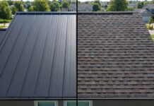 Metal Roof Cost vs Shingle Roof Cost: 2026 Comparison A side-by-side comparison of a standing seam metal roof and architectural asphalt shingles