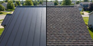 Metal Roof Cost vs Shingle Roof Cost: 2026 Comparison A side-by-side comparison of a standing seam metal roof and architectural asphalt shingles