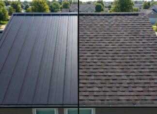 Metal Roof Cost vs Shingle Roof Cost: 2026 Comparison A side-by-side comparison of a standing seam metal roof and architectural asphalt shingles