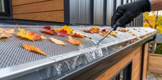 Micro Mesh Rain Gutter Guard Guide: Costs, DIY Kits & Reviews (2026) A stainless steel micro mesh rain gutter guard keeping autumn leaves out of a clean gutter.