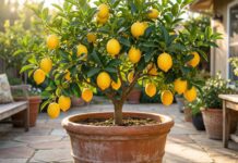Best NPK for Citrus Trees 2026: Ratio Guide & Fertilizer Schedule A healthy, thriving Meyer lemon tree bursting with bright yellow lemons and dark green leaves, growing in a large terracotta pot on a sunny patio.