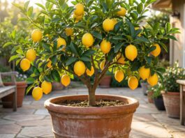 Best NPK for Citrus Trees 2026: Ratio Guide & Fertilizer Schedule A healthy, thriving Meyer lemon tree bursting with bright yellow lemons and dark green leaves, growing in a large terracotta pot on a sunny patio.