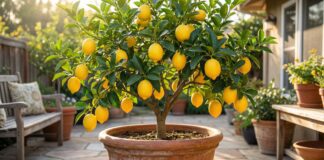 Best NPK for Citrus Trees 2026: Ratio Guide & Fertilizer Schedule A healthy, thriving Meyer lemon tree bursting with bright yellow lemons and dark green leaves, growing in a large terracotta pot on a sunny patio.