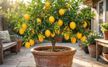 Best NPK for Citrus Trees 2026: Ratio Guide & Fertilizer Schedule A healthy, thriving Meyer lemon tree bursting with bright yellow lemons and dark green leaves, growing in a large terracotta pot on a sunny patio.