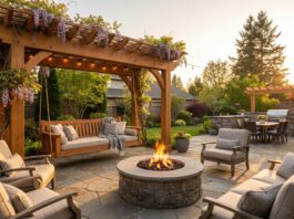 Pergola Swing Guide 2026: Top Kits, Hardware & Safety Tips A beautiful cedar pergola swing set over a patio with a fire pit