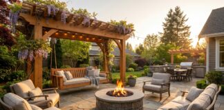 Pergola Swing Guide 2026: Top Kits, Hardware & Safety Tips A beautiful cedar pergola swing set over a patio with a fire pit
