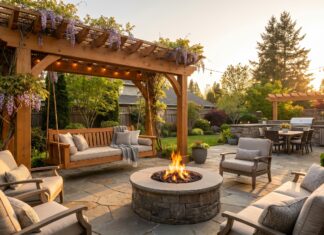 Pergola Swing Guide 2026: Top Kits, Hardware & Safety Tips A beautiful cedar pergola swing set over a patio with a fire pit