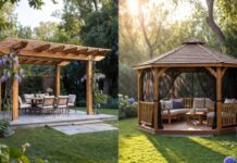 Pergola vs Gazebo: What’s the Difference & Which is Best? A side-by-side backyard comparison of a modern wooden pergola with an open roof and a traditional hardtop gazebo with a solid roof