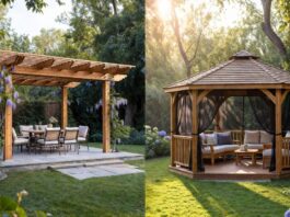 Pergola vs Gazebo: What’s the Difference & Which is Best? A side-by-side backyard comparison of a modern wooden pergola with an open roof and a traditional hardtop gazebo with a solid roof