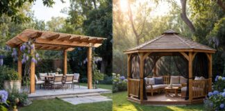 Pergola vs Gazebo: What’s the Difference & Which is Best? A side-by-side backyard comparison of a modern wooden pergola with an open roof and a traditional hardtop gazebo with a solid roof