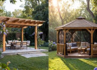 Pergola vs Gazebo: What’s the Difference & Which is Best? A side-by-side backyard comparison of a modern wooden pergola with an open roof and a traditional hardtop gazebo with a solid roof