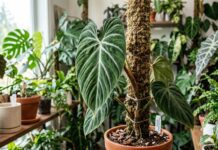 Philodendron Splendid Care (2026): Pro Guide & Soil A horizontal detailed photograph of a large, velvety deeply veined Philodendron Splendid leaf climbing a moss pole in a well-lit indoor collection.
