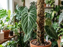 Philodendron Splendid Care (2026): Pro Guide & Soil A horizontal detailed photograph of a large, velvety deeply veined Philodendron Splendid leaf climbing a moss pole in a well-lit indoor collection.