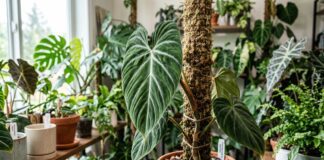 Philodendron Splendid Care (2026): Pro Guide & Soil A horizontal detailed photograph of a large, velvety deeply veined Philodendron Splendid leaf climbing a moss pole in a well-lit indoor collection.
