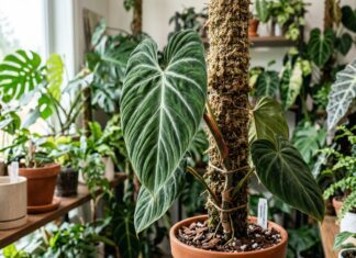 Philodendron Splendid Care (2026): Pro Guide & Soil A horizontal detailed photograph of a large, velvety deeply veined Philodendron Splendid leaf climbing a moss pole in a well-lit indoor collection.