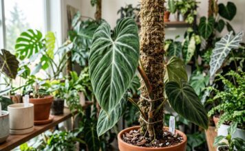 Philodendron Splendid Care (2026): Pro Guide & Soil A horizontal detailed photograph of a large, velvety deeply veined Philodendron Splendid leaf climbing a moss pole in a well-lit indoor collection.