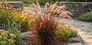 Red Fountain Grass: How to Grow and Care for It Red fountain grass with burgundy foliage and soft plumes in a sunny garden bed
