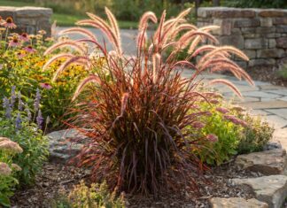 Red Fountain Grass: How to Grow and Care for It Red fountain grass with burgundy foliage and soft plumes in a sunny garden bed