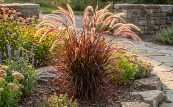 Red Fountain Grass: How to Grow and Care for It Red fountain grass with burgundy foliage and soft plumes in a sunny garden bed