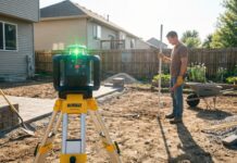 Best Rotary Laser Level for Grading: DIY Guide & Reviews (2026) A DIY homeowner using a glowing green beam rotary laser level mounted on a yellow construction tripod in a backyard dirt grading project