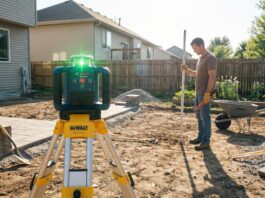 Best Rotary Laser Level for Grading: DIY Guide & Reviews (2026) A DIY homeowner using a glowing green beam rotary laser level mounted on a yellow construction tripod in a backyard dirt grading project