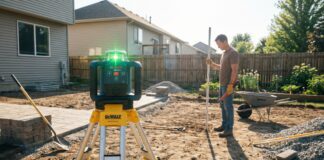 Best Rotary Laser Level for Grading: DIY Guide & Reviews (2026) A DIY homeowner using a glowing green beam rotary laser level mounted on a yellow construction tripod in a backyard dirt grading project