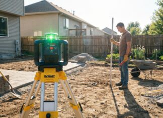 Best Rotary Laser Level for Grading: DIY Guide & Reviews (2026) A DIY homeowner using a glowing green beam rotary laser level mounted on a yellow construction tripod in a backyard dirt grading project