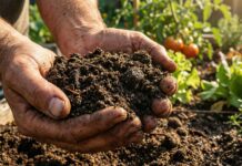 What is Sandy Loam Soil & Where to Buy It (2026 DIY Guide) A gardener's hands performing the squeeze test on rich, dark sandy loam soil in a thriving backyard vegetable garden.