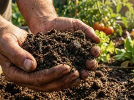 What is Sandy Loam Soil & Where to Buy It (2026 DIY Guide) A gardener's hands performing the squeeze test on rich, dark sandy loam soil in a thriving backyard vegetable garden.