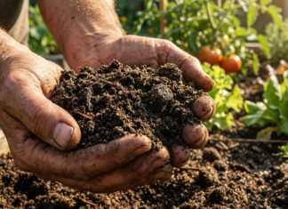 What is Sandy Loam Soil & Where to Buy It (2026 DIY Guide) A gardener's hands performing the squeeze test on rich, dark sandy loam soil in a thriving backyard vegetable garden.
