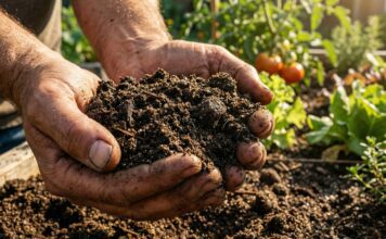 What is Sandy Loam Soil & Where to Buy It (2026 DIY Guide) A gardener's hands performing the squeeze test on rich, dark sandy loam soil in a thriving backyard vegetable garden.