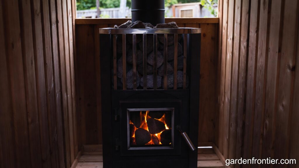 A comprehensive 2026 homeowner's guide for authentic wood stove sauna heaters, covering premium Finnish brands like Harvia, proper olivine stone selection, off-grid installation, and maintenance for the perfect löyly steam. A glowing wood stove sauna heater filled with hot stones in a cedar backyard sauna.