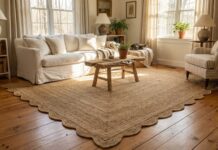 Scalloped Jute Rug (2026): Soften Your Boring Room A large scalloped jute rug styled in a bright, cozy living room under a white sofa.