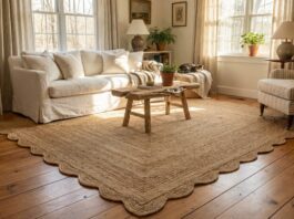 Scalloped Jute Rug (2026): Soften Your Boring Room A large scalloped jute rug styled in a bright, cozy living room under a white sofa.