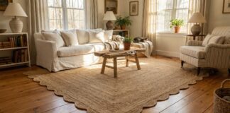 Scalloped Jute Rug (2026): Soften Your Boring Room A large scalloped jute rug styled in a bright, cozy living room under a white sofa.