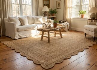 Scalloped Jute Rug (2026): Soften Your Boring Room A large scalloped jute rug styled in a bright, cozy living room under a white sofa.