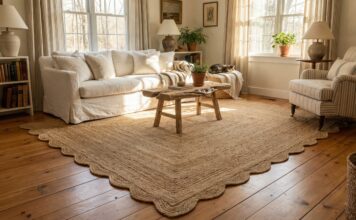 Scalloped Jute Rug (2026): Soften Your Boring Room A large scalloped jute rug styled in a bright, cozy living room under a white sofa.